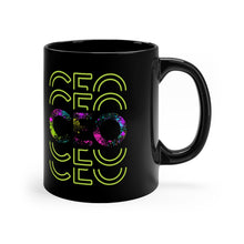 Load image into Gallery viewer, Black coffee mug with  neon splatter motivational design for a Boss or CEO - Front View