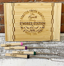 Load image into Gallery viewer, Personalized S'more's Boards with personalized telescoping marshmallow roasting forks | S'mores Tray