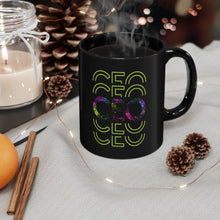 Load image into Gallery viewer, Black coffee mug with  neon splatter motivational design for a Boss or CEO  - Front View Mock Up