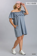 Load image into Gallery viewer, Denim Blue off the shoulder swing dress featuring a frayed hemline and pockets
