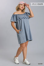 Load image into Gallery viewer, Denim Blue off the shoulder swing dress featuring a frayed hemline and pockets