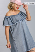 Load image into Gallery viewer, Denim Blue off the shoulder swing dress featuring a frayed hemline and pockets