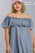Load image into Gallery viewer, Denim Blue off the shoulder swing dress featuring a frayed hemline and pockets