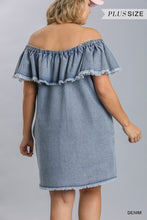 Load image into Gallery viewer, Denim Blue off the shoulder swing dress featuring a frayed hemline and pockets
