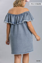 Load image into Gallery viewer, Denim Blue off the shoulder swing dress featuring a frayed hemline and pockets