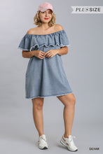 Load image into Gallery viewer, Denim Blue off the shoulder swing dress featuring a frayed hemline and pockets