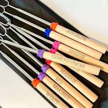 Load image into Gallery viewer, Personalized S'more's Boards with personalized telescoping marshmallow roasting forks | S'mores Tray