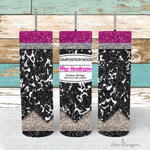 Load image into Gallery viewer, Composition Book Glitter 20 oz Teacher Skinny Tumbler | Personalized | Pencil Tumbler | Notebook Tumbler