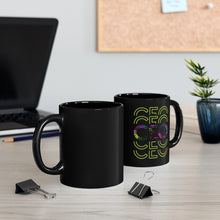 Load image into Gallery viewer, Black coffee mug with  neon splatter motivational design for a Boss or CEO - Front and Back View Mock Up - can be personalized on Blank Back Side
