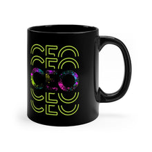 Load image into Gallery viewer, Black coffee mug with  neon splatter motivational design for a Boss or CEO - Front View  
