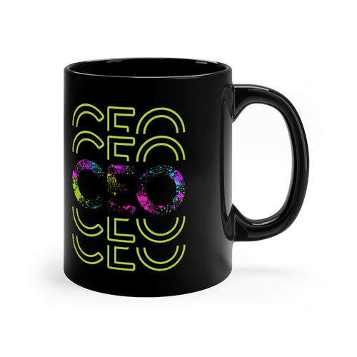 Black coffee mug with  neon splatter motivational design for a Boss or CEO - Front View  