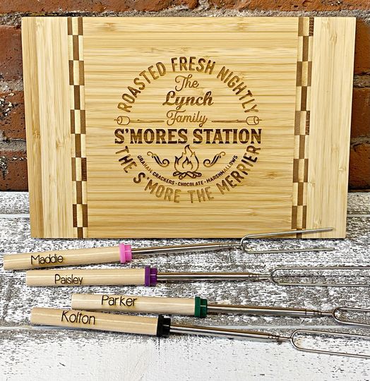 Personalized S'more's Boards with personalized telescoping marshmallow roasting forks | S'mores Tray