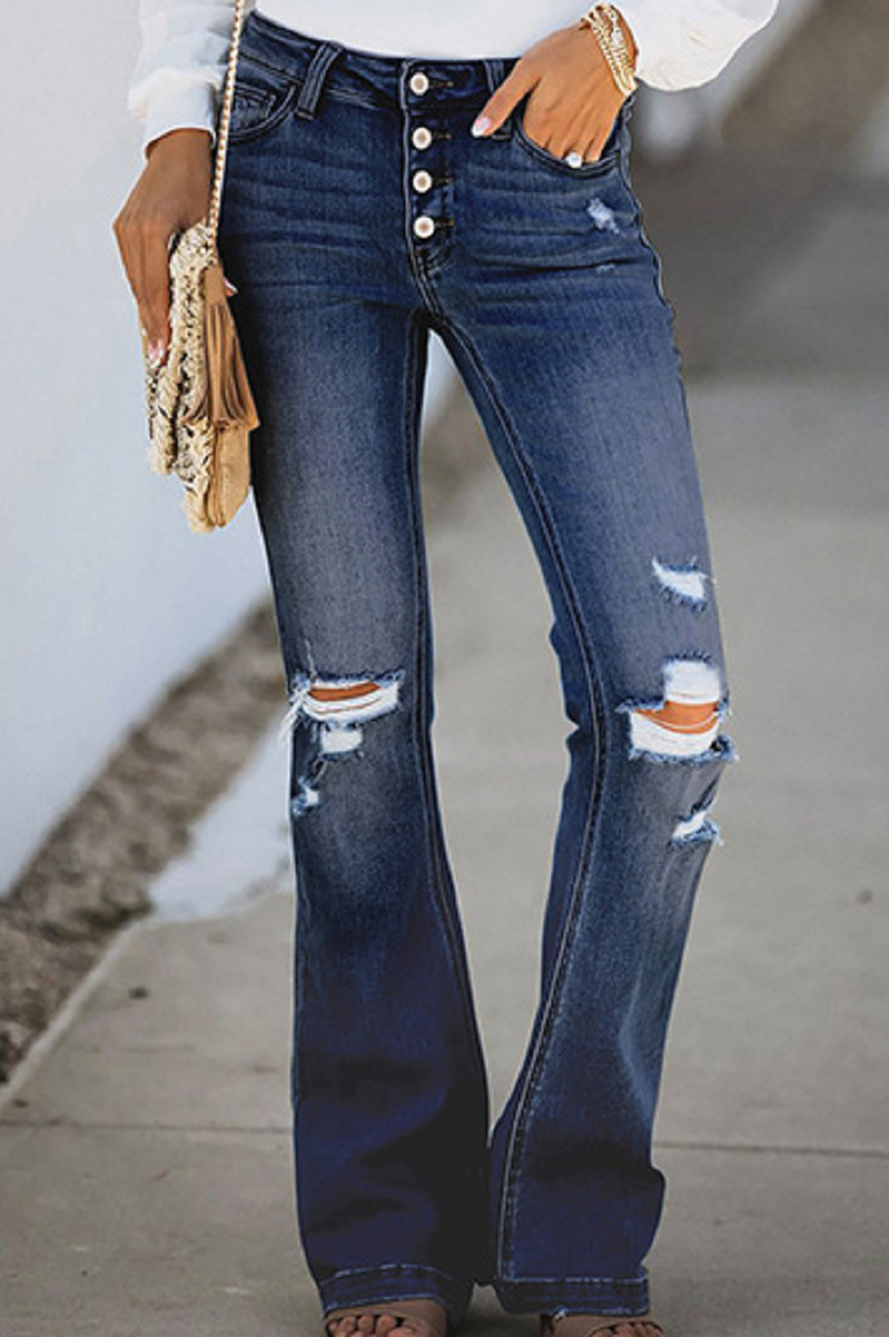 High Waisted Flare Leg Distressed Blue Jeans