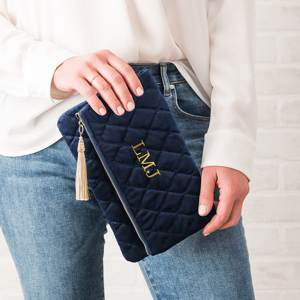 Fold Over Diamond Quilted Velvet Clutch - Personalized