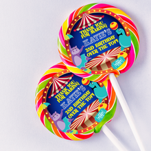 Load image into Gallery viewer, Under the Big Top Circus Carnival Inspired Swirl Pop Party Favors | 1.5&quot; or 4&quot; Swirl Pops | Personalized
