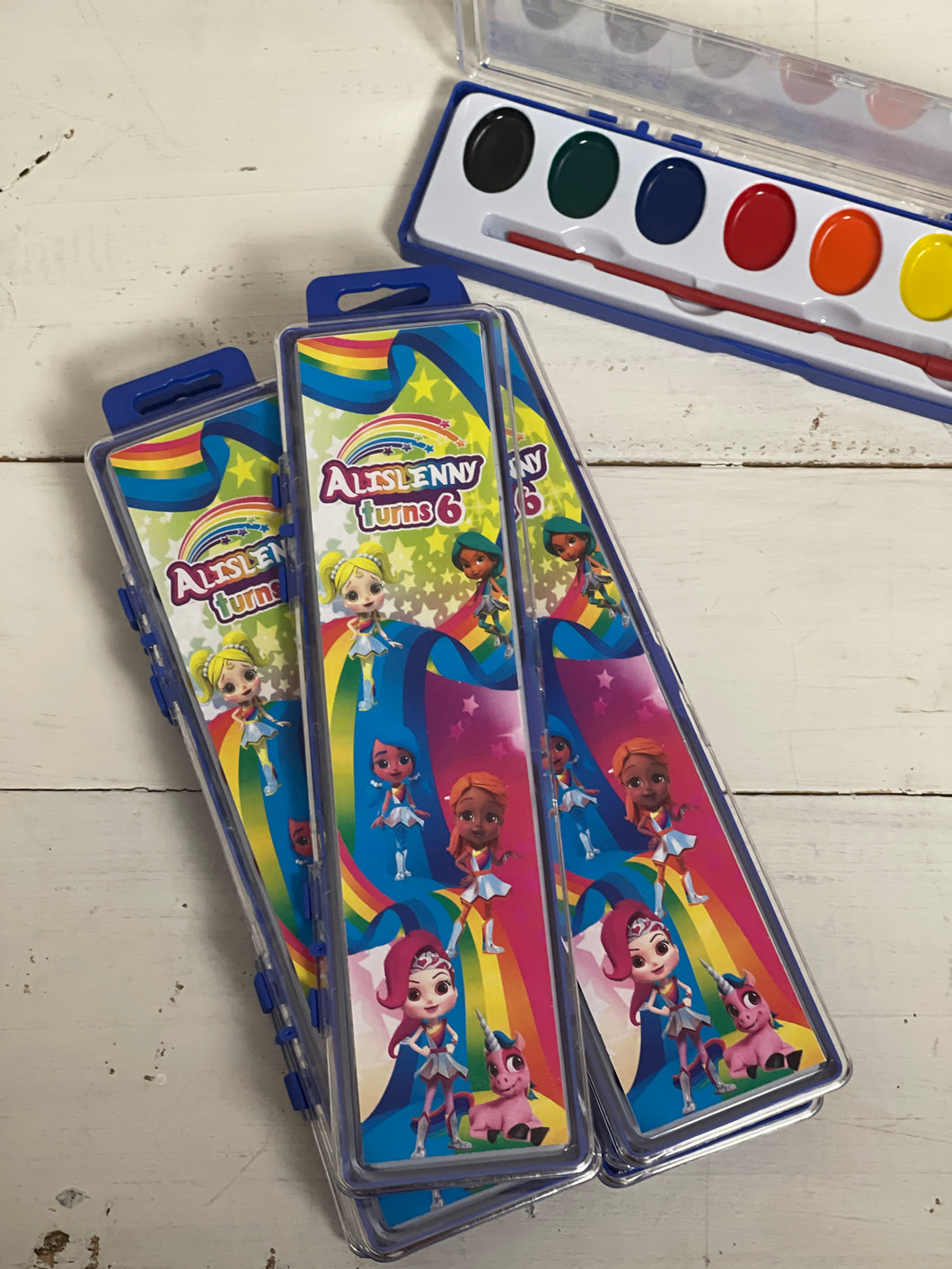 Custom Watercolor Paint Pallet Party Favors in Rainbow Rangers Inspired Theme