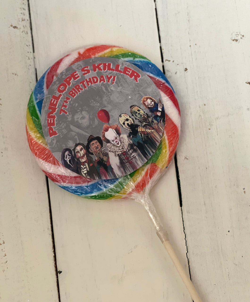 Killer Party Jumbo Swirl Pops | Mini or Jumbo Swirl Pops | Party Favors | Horror Movie Themed | Personalized