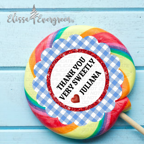Gingham and Glitter Mini and Jumbo swirl pop party favors. Inspired by the Wizard of oz, Label is deigned with scalloped edges, a blue and white gingham boarder, and a white center outlined in red glitter.  Pops are personalized with your custom message. 