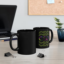 Load image into Gallery viewer, Black coffee mug with  neon splatter motivational design for a Boss or CEO - Front and Back View Mock Up - can be personalized on Blank Back Side 
