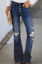 Load image into Gallery viewer, High Waisted Flare Leg Distressed Blue Jeans

